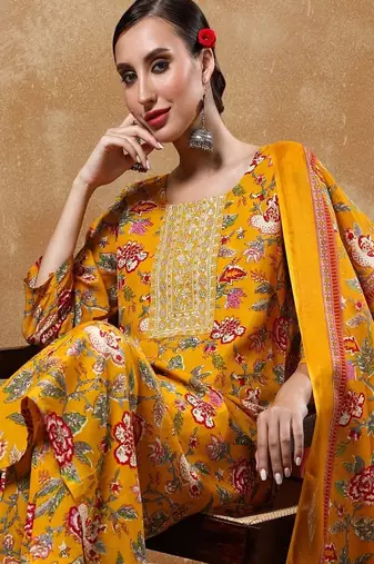 Floral printed cotton round neck kurta trouser & dupatta set