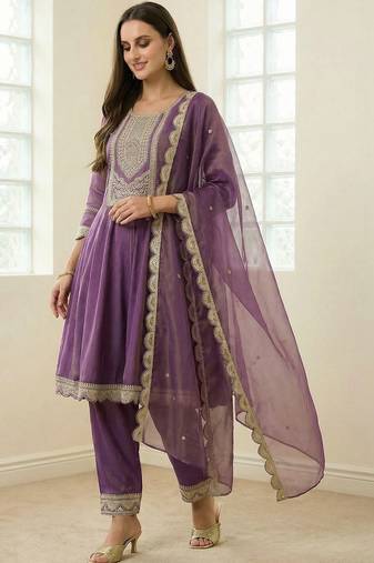 Women Ethnic Motifs Embroidered Panelled Thread Work Kurta with Trousers & With Dupatta