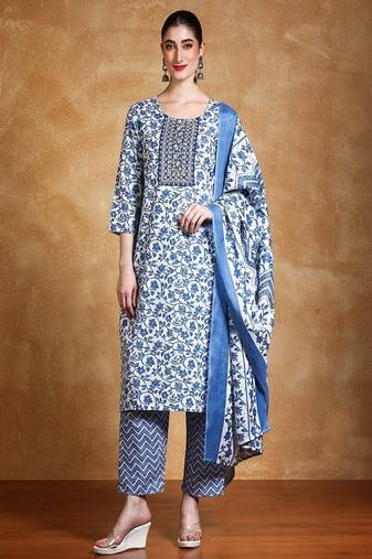 Floral printed cotton round neck kurta trouser & dupatta set