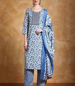 Floral printed cotton round neck kurta trouser & dupatta set