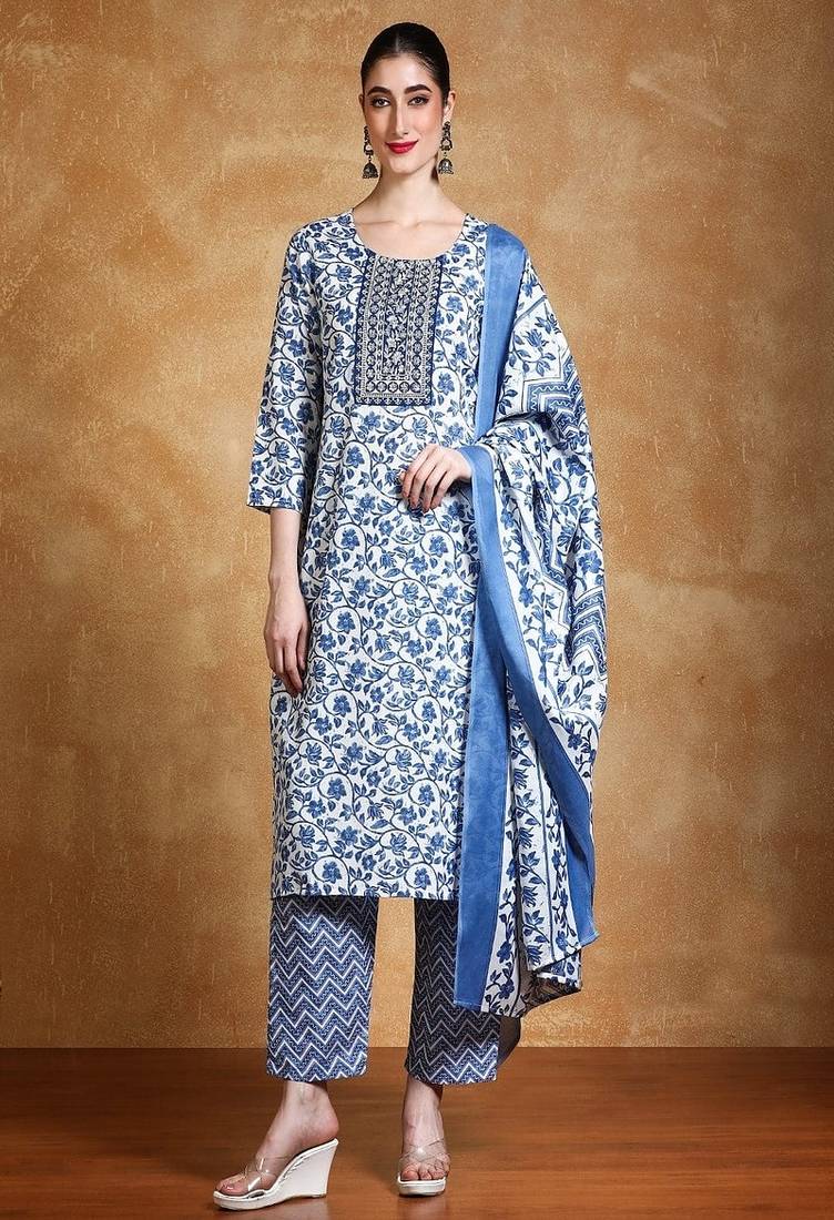 Floral printed cotton round neck kurta trouser & dupatta set