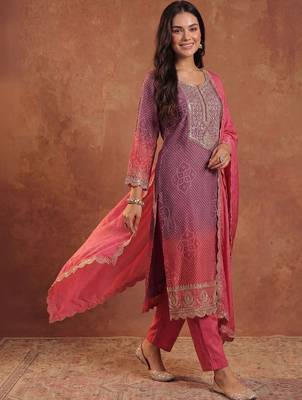 Women Ombre Dyed Thread Work Kurta with Trousers & With Dupatta 1
