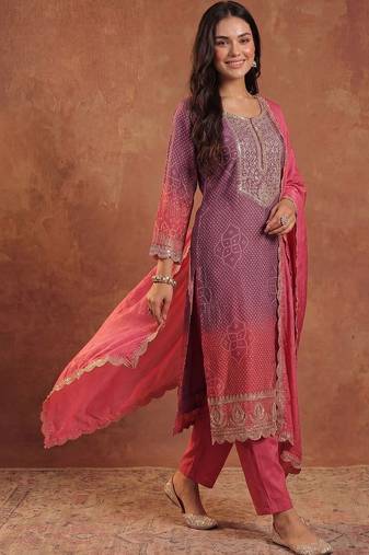 Women Ombre Dyed Thread Work Kurta with Trousers & With Dupatta