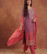 Women Ombre Dyed Thread Work Kurta with Trousers & With Dupatta