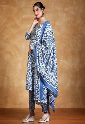 Floral printed cotton round neck kurta trouser & dupatta set 2