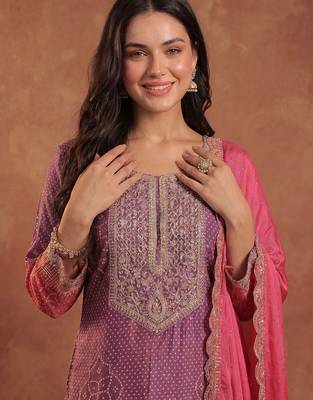 Women Ombre Dyed Thread Work Kurta with Trousers & With Dupatta 2