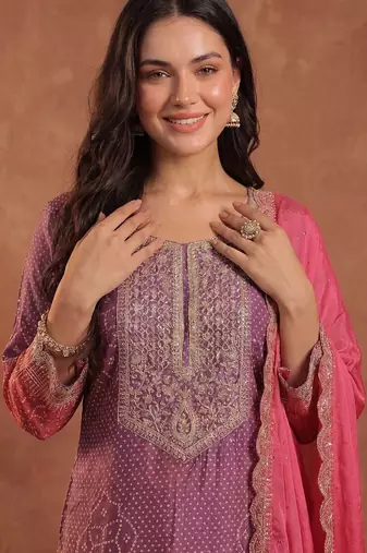 Women Ombre Dyed Thread Work Kurta with Trousers & With Dupatta