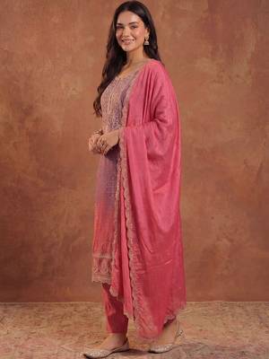Women Ombre Dyed Thread Work Kurta with Trousers & With Dupatta 3