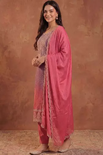 Women Ombre Dyed Thread Work Kurta with Trousers & With Dupatta