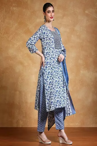 Floral printed cotton round neck kurta trouser & dupatta set