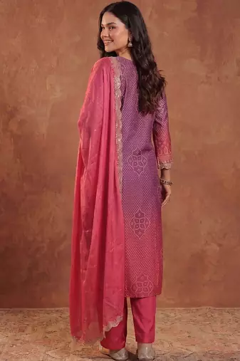 Women Ombre Dyed Thread Work Kurta with Trousers & With Dupatta