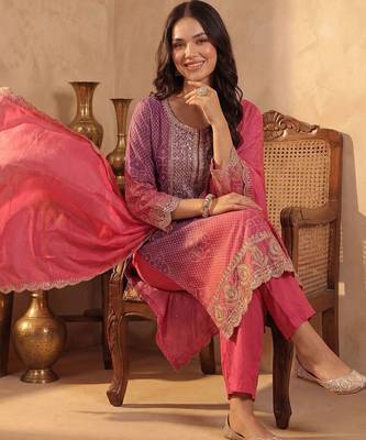 Women Ombre Dyed Thread Work Kurta with Trousers & With Dupatta 5