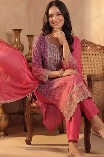 Women Ombre Dyed Thread Work Kurta with Trousers & With Dupatta