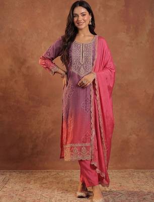 Women Ombre Dyed Thread Work Kurta with Trousers & With Dupatta 6