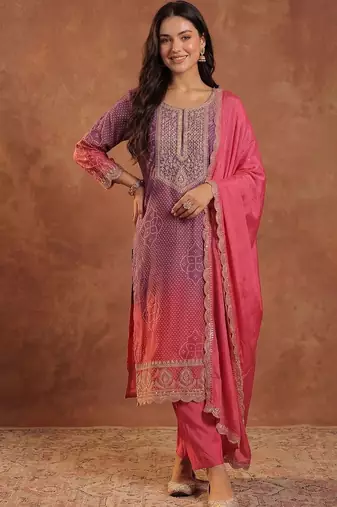 Women Ombre Dyed Thread Work Kurta with Trousers & With Dupatta