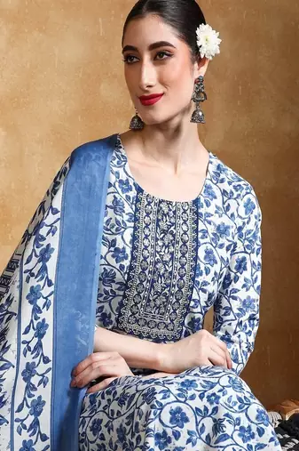 Floral printed cotton round neck kurta trouser & dupatta set