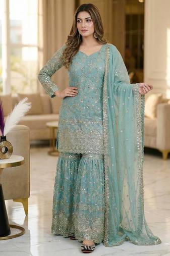 Sky Blue Color Sequence Embroidery Work Silk Blend Salwar Suit