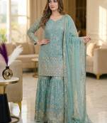Sky Blue Color Sequence Embroidery Work Silk Blend Salwar Suit
