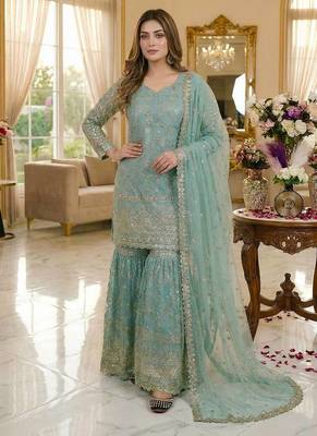 Sky Blue Color Sequence Embroidery Work Silk Blend Salwar Suit 2