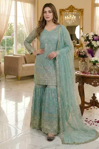 Sky Blue Color Sequence Embroidery Work Silk Blend Salwar Suit