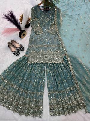 Sky Blue Color Sequence Embroidery Work Silk Blend Salwar Suit 3