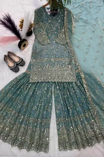 Sky Blue Color Sequence Embroidery Work Silk Blend Salwar Suit