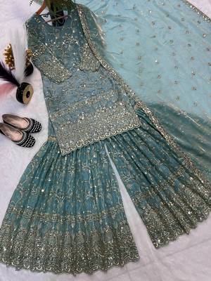 Sky Blue Color Sequence Embroidery Work Silk Blend Salwar Suit 4