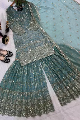 Sky Blue Color Sequence Embroidery Work Silk Blend Salwar Suit