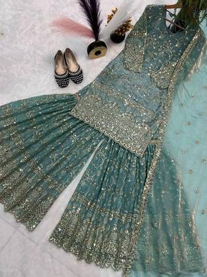 Sky Blue Color Sequence Embroidery Work Silk Blend Salwar Suit 5