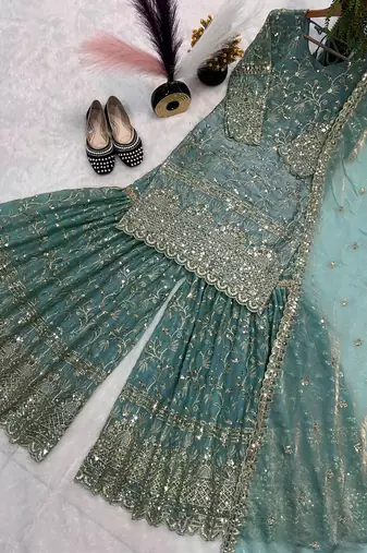 Sky Blue Color Sequence Embroidery Work Silk Blend Salwar Suit