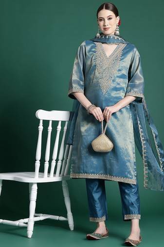 Women Ethnic Motifs Embroidered Kurta with Trousers & With Dupatta