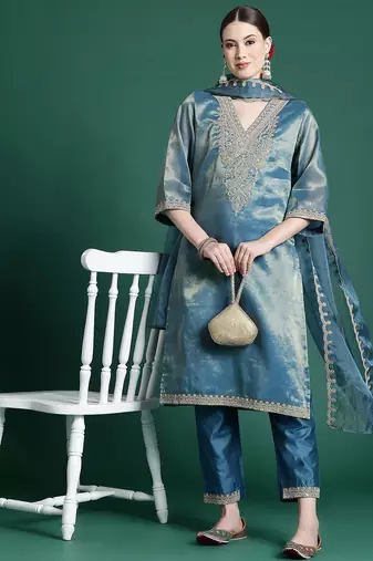 Women Ethnic Motifs Embroidered Kurta with Trousers & With Dupatta
