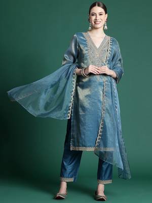 Women Ethnic Motifs Embroidered Kurta with Trousers & With Dupatta 5