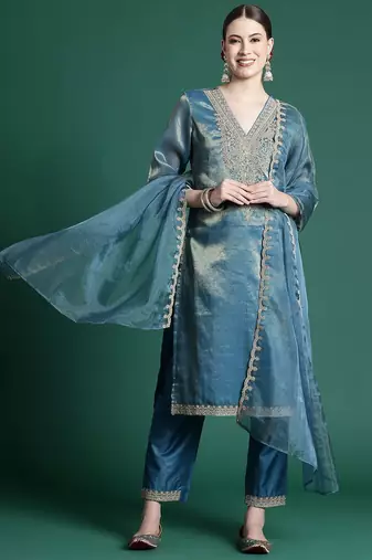 Women Ethnic Motifs Embroidered Kurta with Trousers & With Dupatta