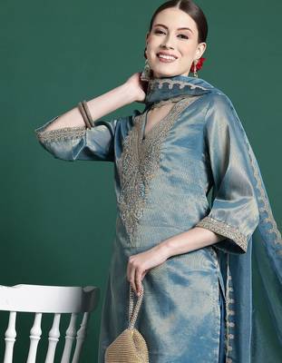 Women Ethnic Motifs Embroidered Kurta with Trousers & With Dupatta 8