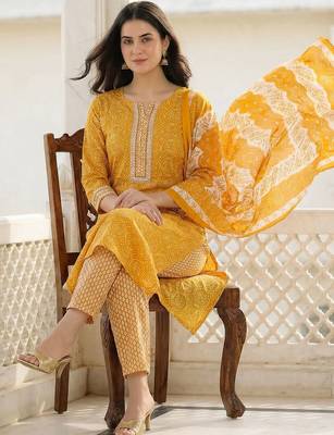 Mustard Printed Straight Kurta Trousers Dupatta Set Kurta Sets 2