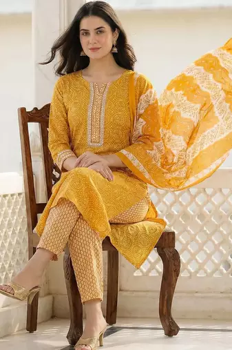 Mustard Printed Straight Kurta Trousers Dupatta Set Kurta Sets