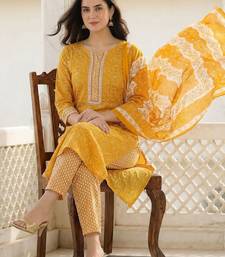 Mustard Printed Straight Kurta Trousers Dupatta Set Kurta Sets