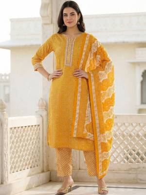Mustard Printed Straight Kurta Trousers Dupatta Set Kurta Sets 3