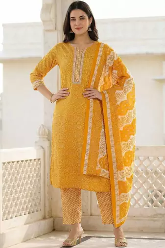 Mustard Printed Straight Kurta Trousers Dupatta Set Kurta Sets