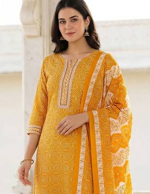 Mustard Printed Straight Kurta Trousers Dupatta Set Kurta Sets 4