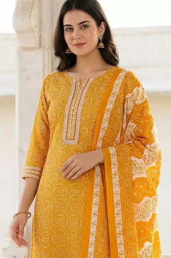 Mustard Printed Straight Kurta Trousers Dupatta Set Kurta Sets