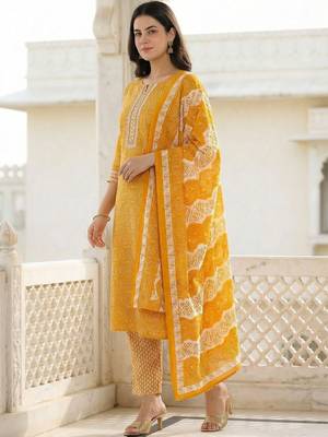 Mustard Printed Straight Kurta Trousers Dupatta Set Kurta Sets 1