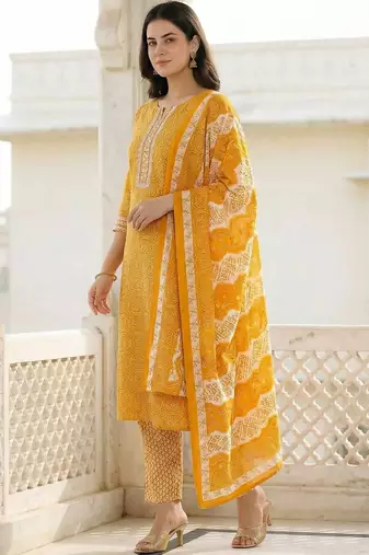 Mustard Printed Straight Kurta Trousers Dupatta Set Kurta Sets