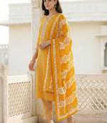 Mustard Printed Straight Kurta Trousers Dupatta Set Kurta Sets