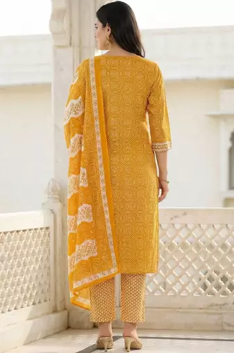 Mustard Printed Straight Kurta Trousers Dupatta Set Kurta Sets