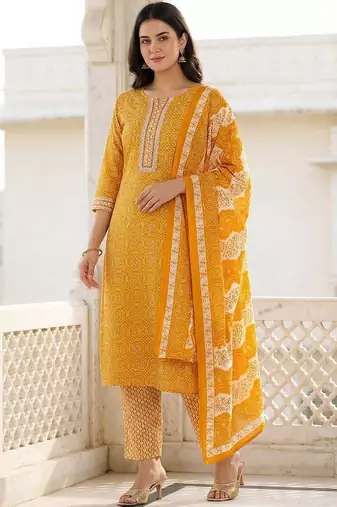 Mustard Printed Straight Kurta Trousers Dupatta Set Kurta Sets