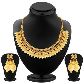 Glimmery Gold Plated Temple Jewellery Necklace Set 1