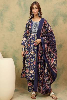Floral printed cotton round neck kurta trouser & dupatta set 1