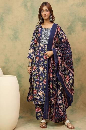 Floral printed cotton round neck kurta trouser & dupatta set